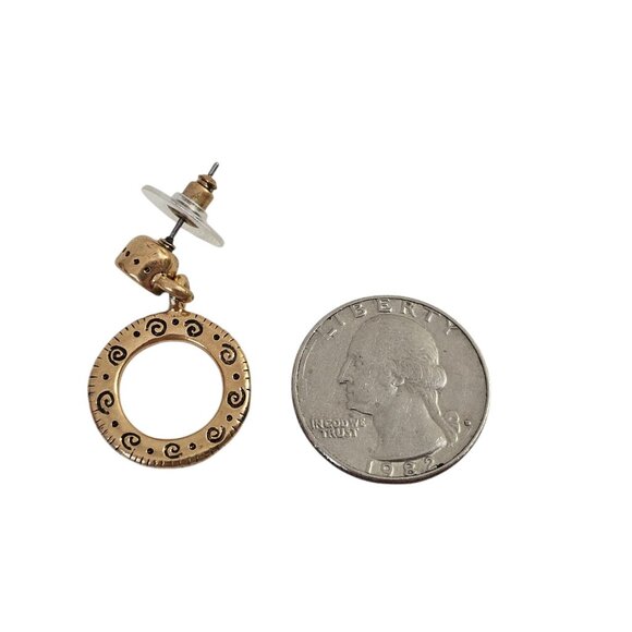 Gold Tone Drop Earrings W/ Clear Crystal‎ Studs & Text Engraved Open Circle - Picture 4 of 5